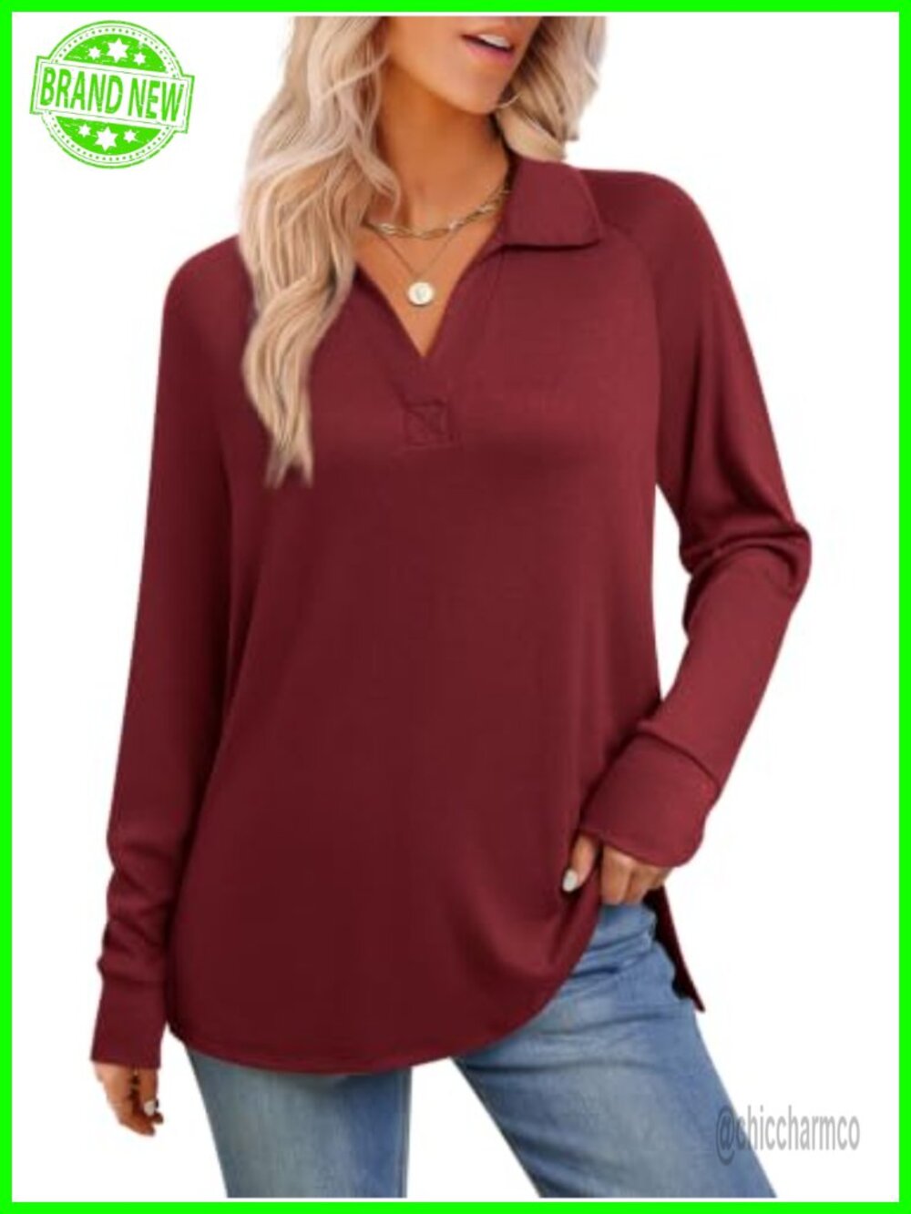Womens Long Sleeve V Neck Polo Tunic Top Loose Fit Collared Work Blouse